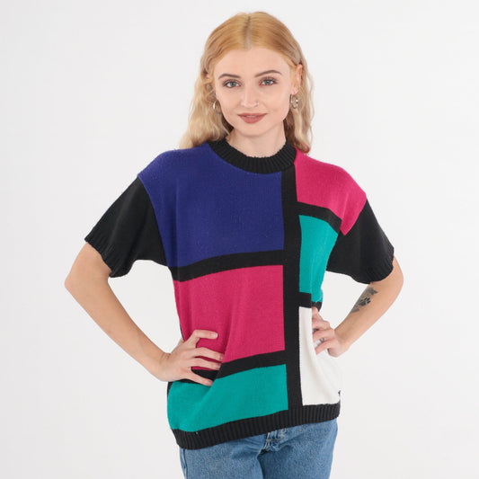 80s Mondrian Color Block Knit Top Short Sleeve Black Pink Purple Green Medium