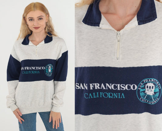 90s San Francisco Cable Car Quarter Zip Sweatshirt Heather Grey Blue Medium