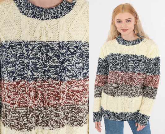 80s Alfie Cable Knit Striped Pullover Sweater Cream Blue Rust Small