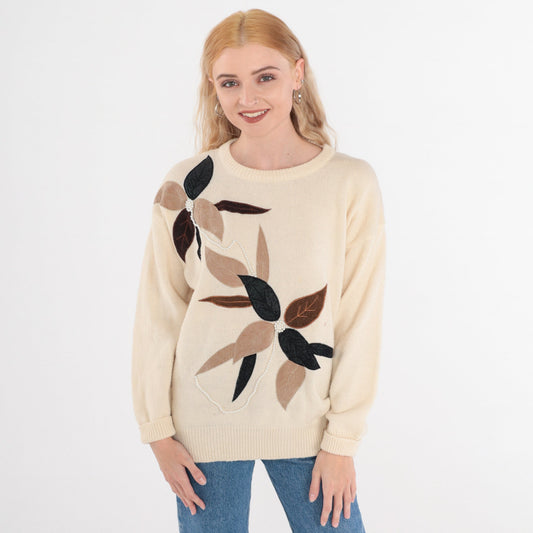 80s Cream Floral Beaded Knit Sweater Pearl Embroidered Pullover Medium