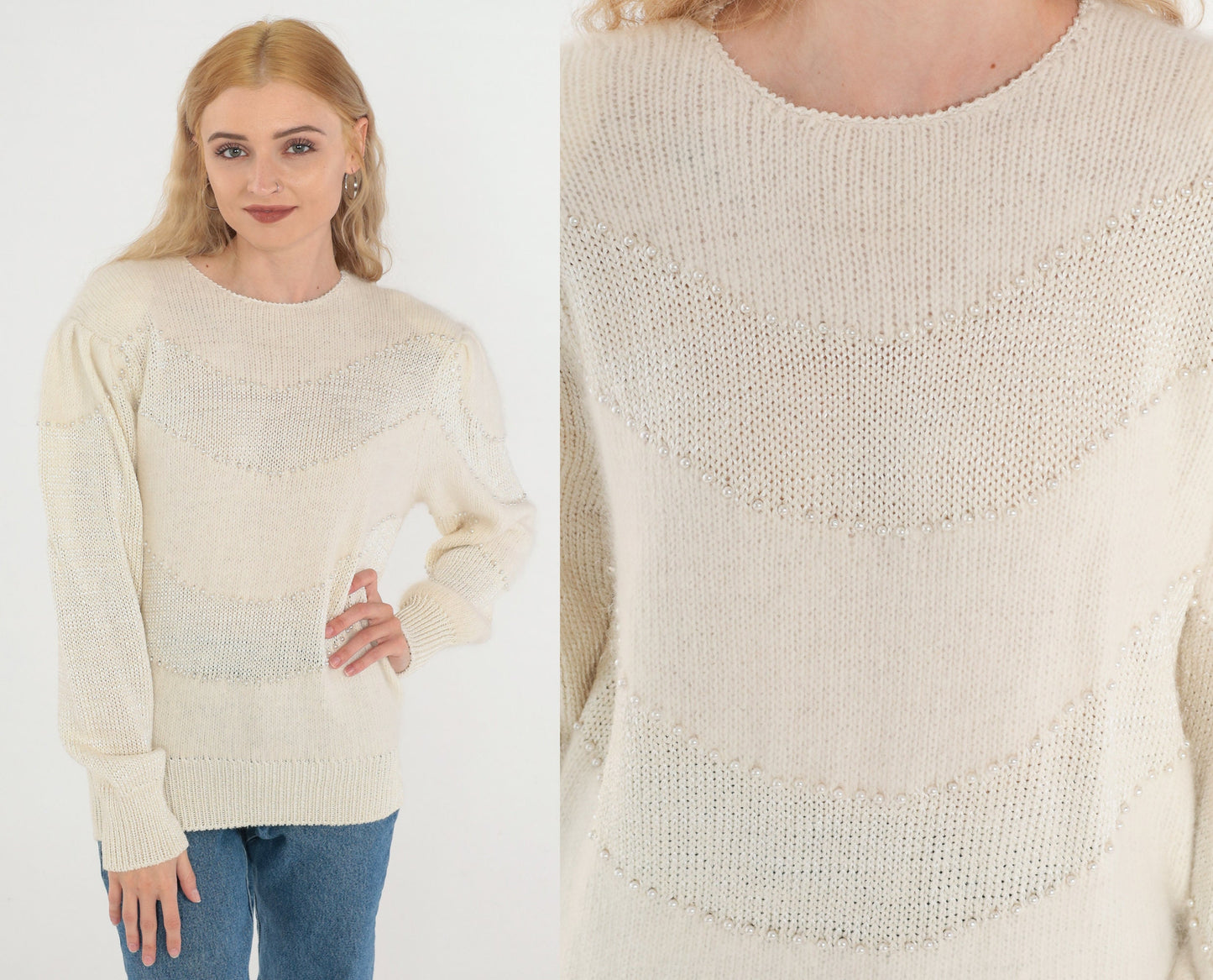 80s Pearl Beaded Off-White Mohair Knit Sweater Puff Sleeve Crewneck Medium M