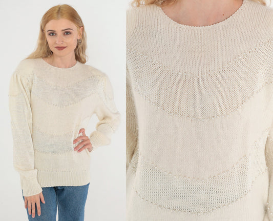 80s Pearl Beaded Off-White Mohair Knit Sweater Puff Sleeve Crewneck Medium M