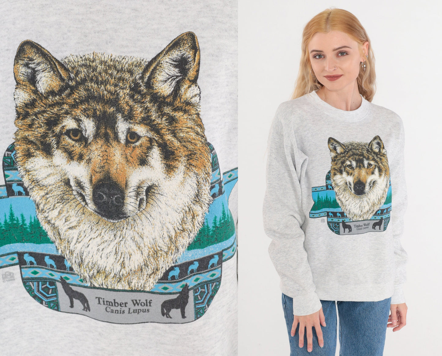 90s Timberwolf Graphic Sweatshirt Heather Grey Crewneck Medium