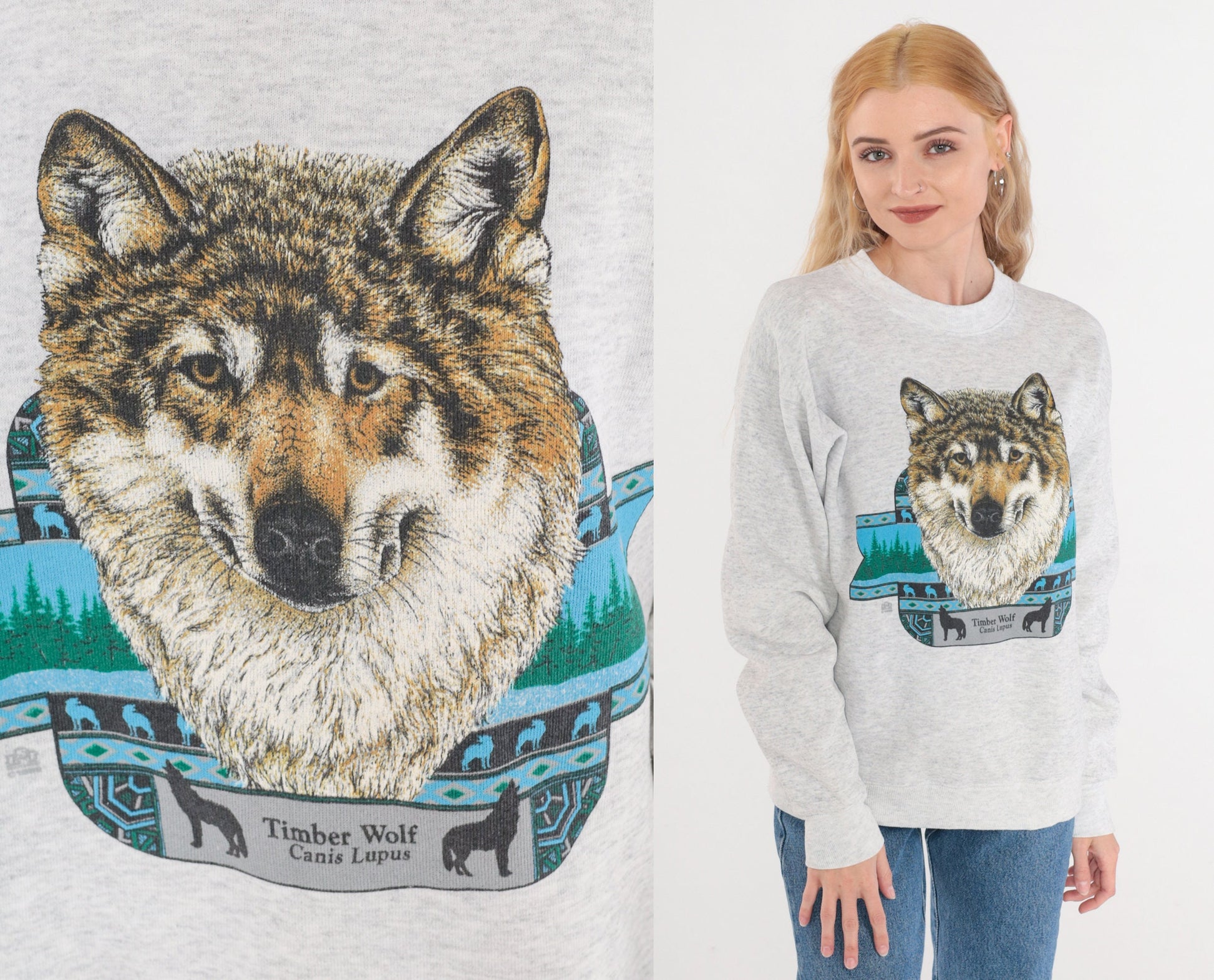 90s Timberwolf Graphic Sweatshirt Heather Grey Crewneck Medium