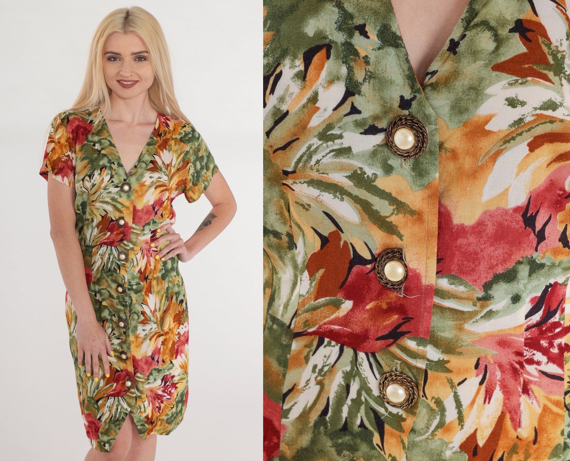 90s La Belle Floral Mini Dress Button-Up V-Neck Sheath Green Red Orange Small