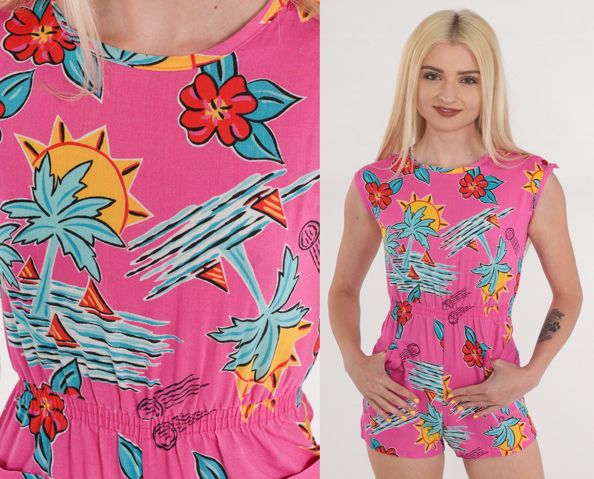 90s Carrots Tropical Romper Pink Floral Palm Print Cap Sleeve Mini 2XS