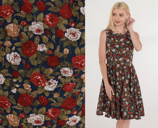 90s Floral Mini Dress Navy Rose Print Sleeveless High Waist Fit Flare Medium