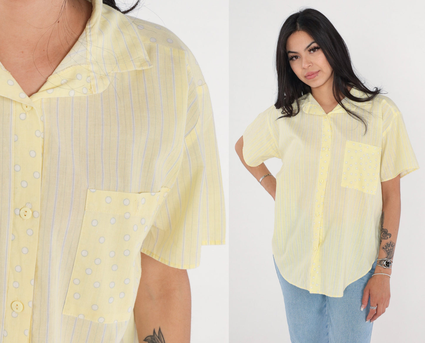 80s Yellow Striped Dot Print Button-Up Blouse Short Sleeve Medium