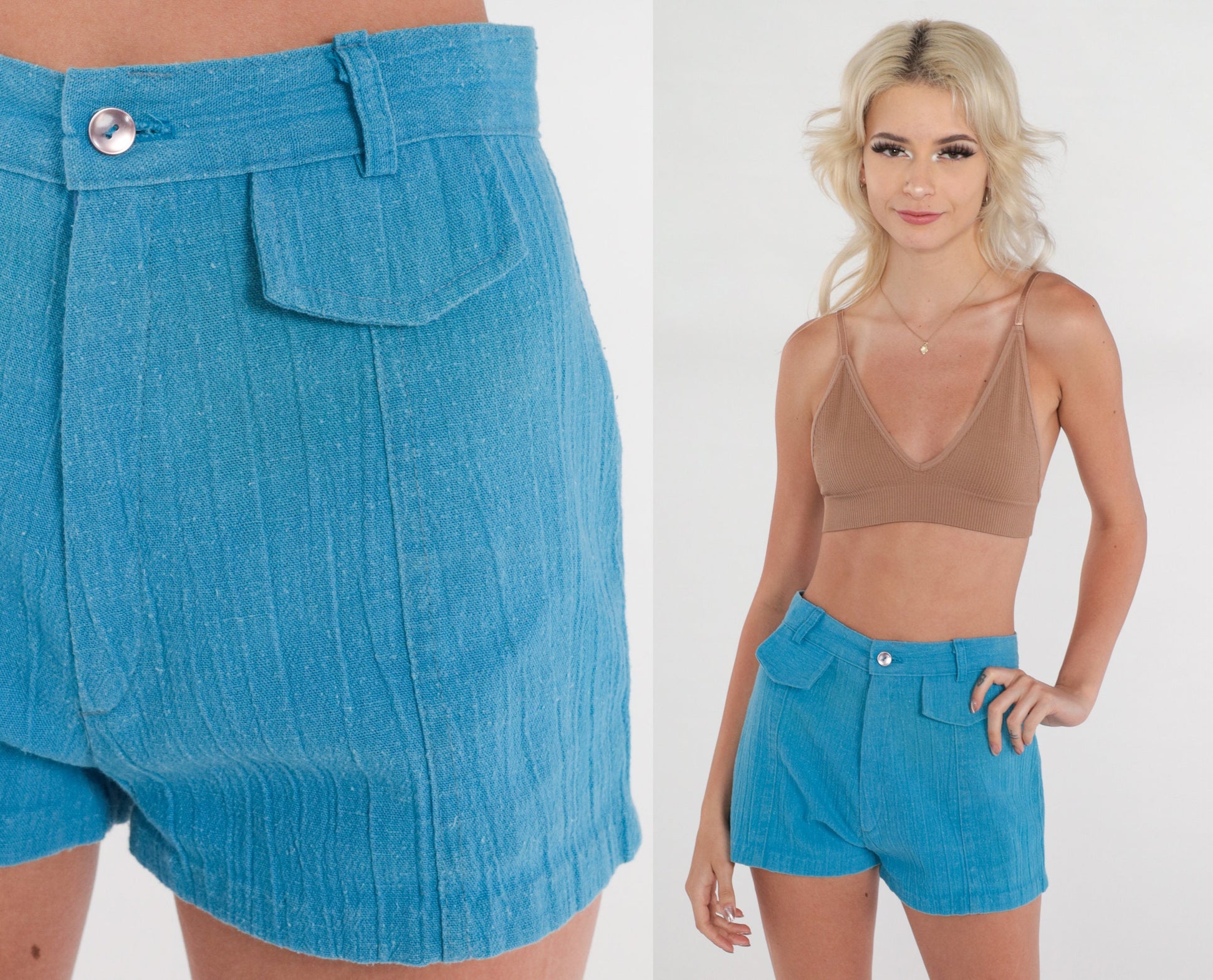 70s Blue Crinkled High-Rise Hotpants Shorts Extra Small XS