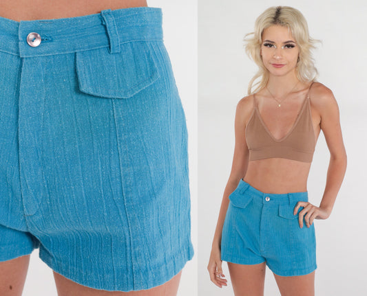 70s Blue Crinkled High-Rise Hotpants Shorts Extra Small XS