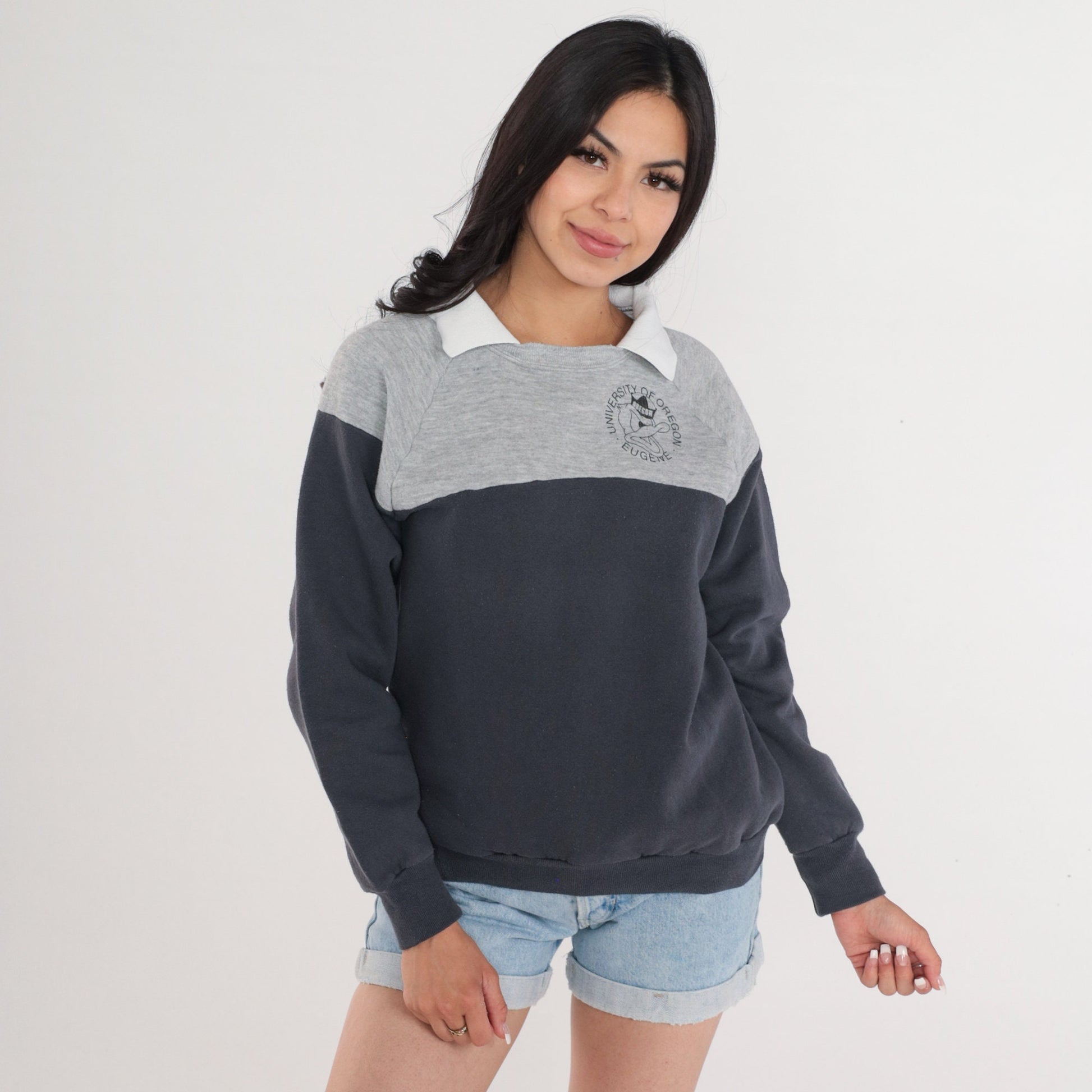 80s University of Oregon Ducks Raglan Sweatshirt Grey Collared Small