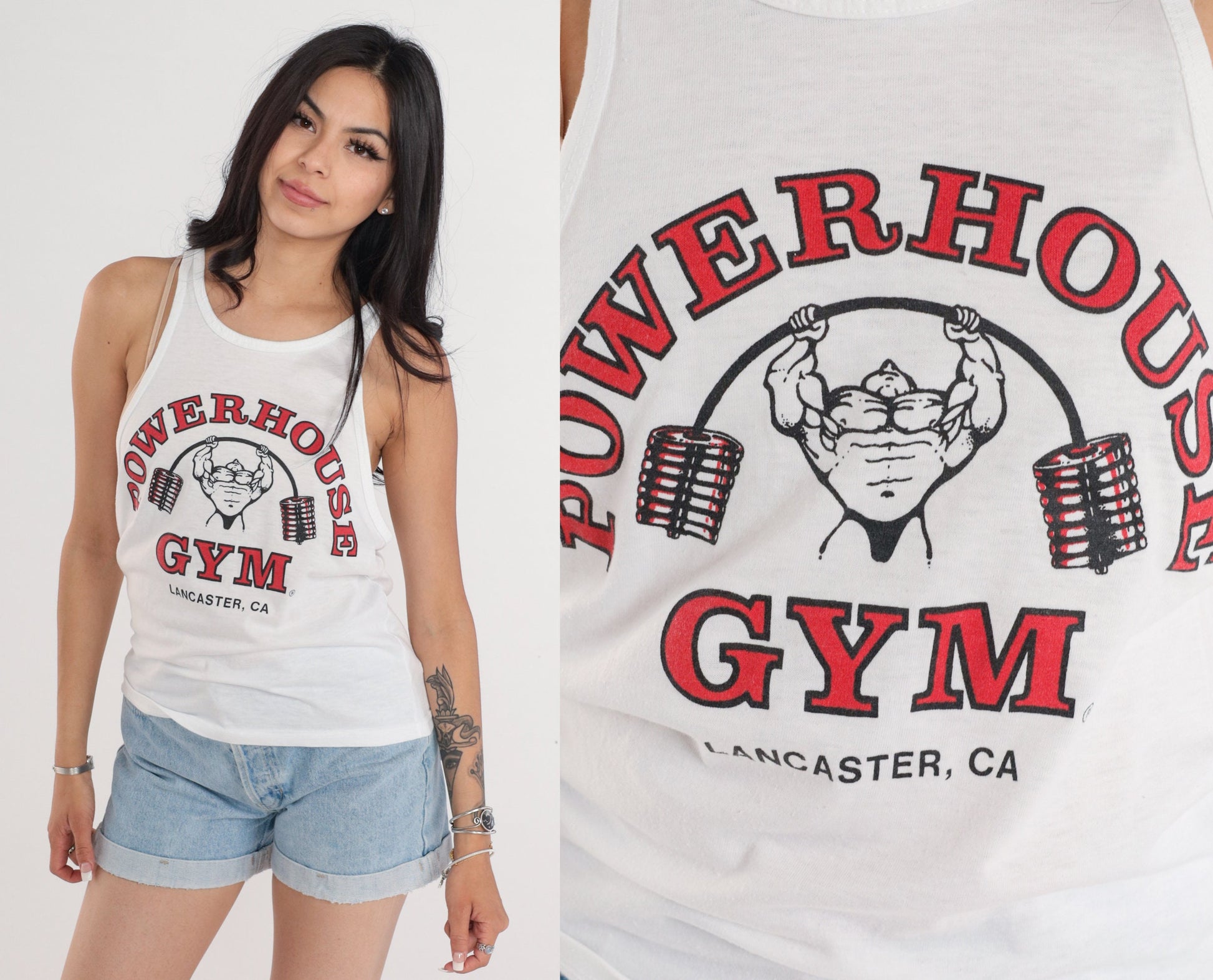 90s Powerhouse Gym Lancaster Tank Top White Graphic Weightlifting Medium