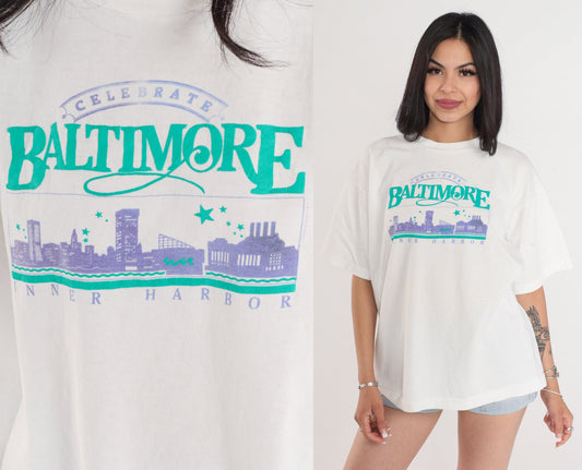 90s Celebrate Baltimore Inner Harbor Graphic T-Shirt White Single Stitch XL