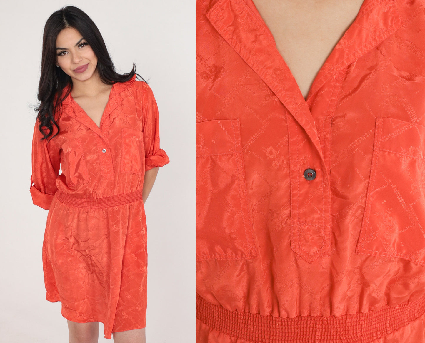 70s Irene Kasmer Orange Floral Blouson Mini Dress Smocked Waist Medium M