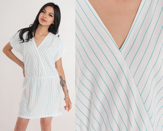 80s White Blue Striped Mini Dress V-Neck Faux Wrap High Waist Medium Large