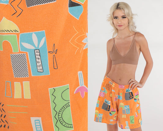 90s Orange Tropical Elephant Print High-Waist Shorts Wide Leg Cotton Medium