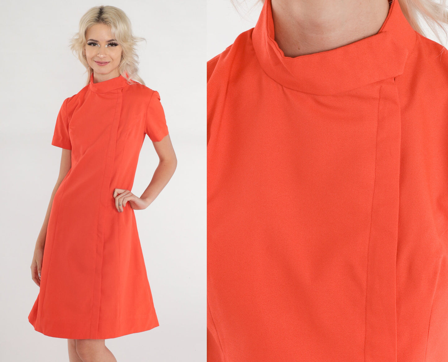 60s Mod Mini Shift Dress Mock Neck Navy Blue Short Sleeve Small