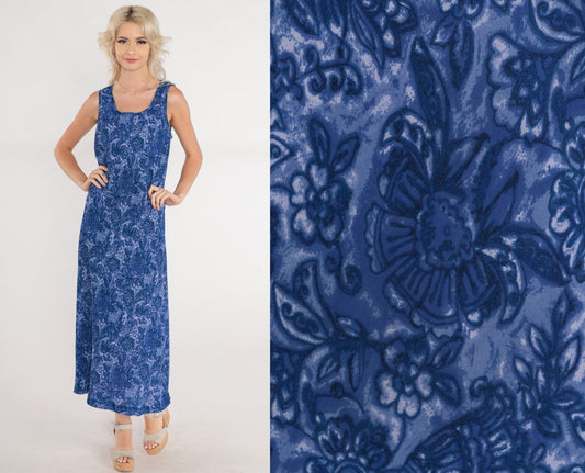 90s Floral Maxi Dress Purple Blue Sleeveless Scoop Neck Tank Medium