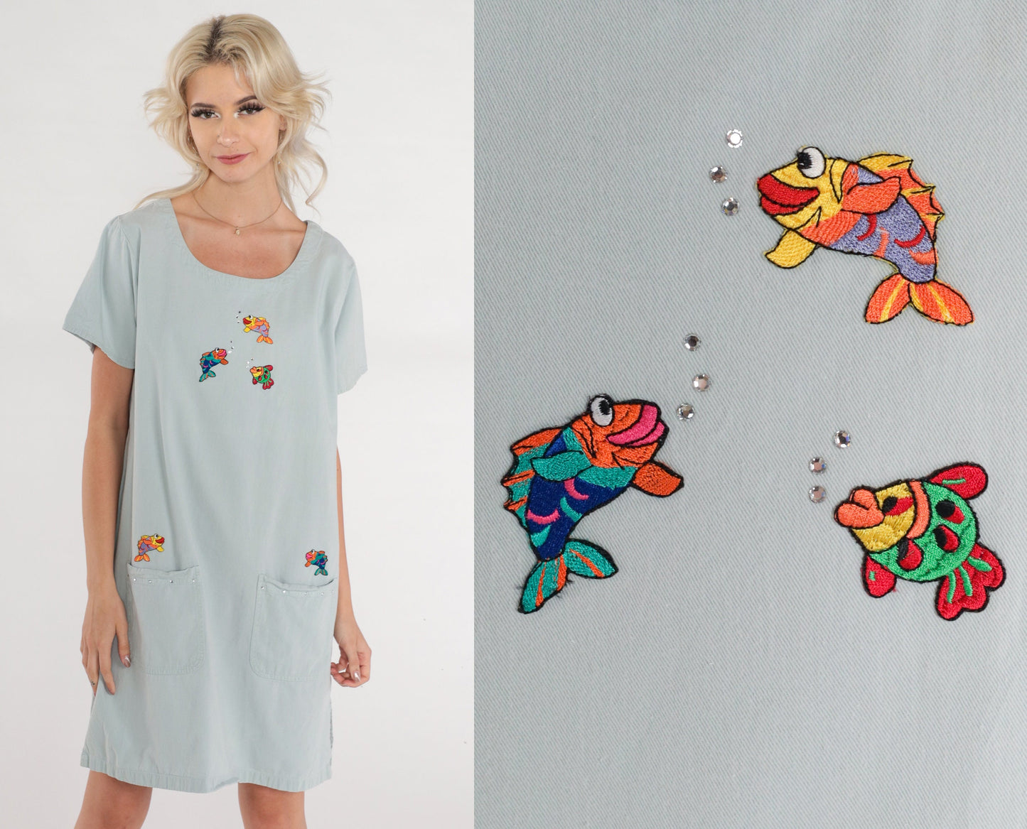 90s Tropical Fish Rhinestone Mini T-Shirt Dress Scoop Neck Pockets Medium M