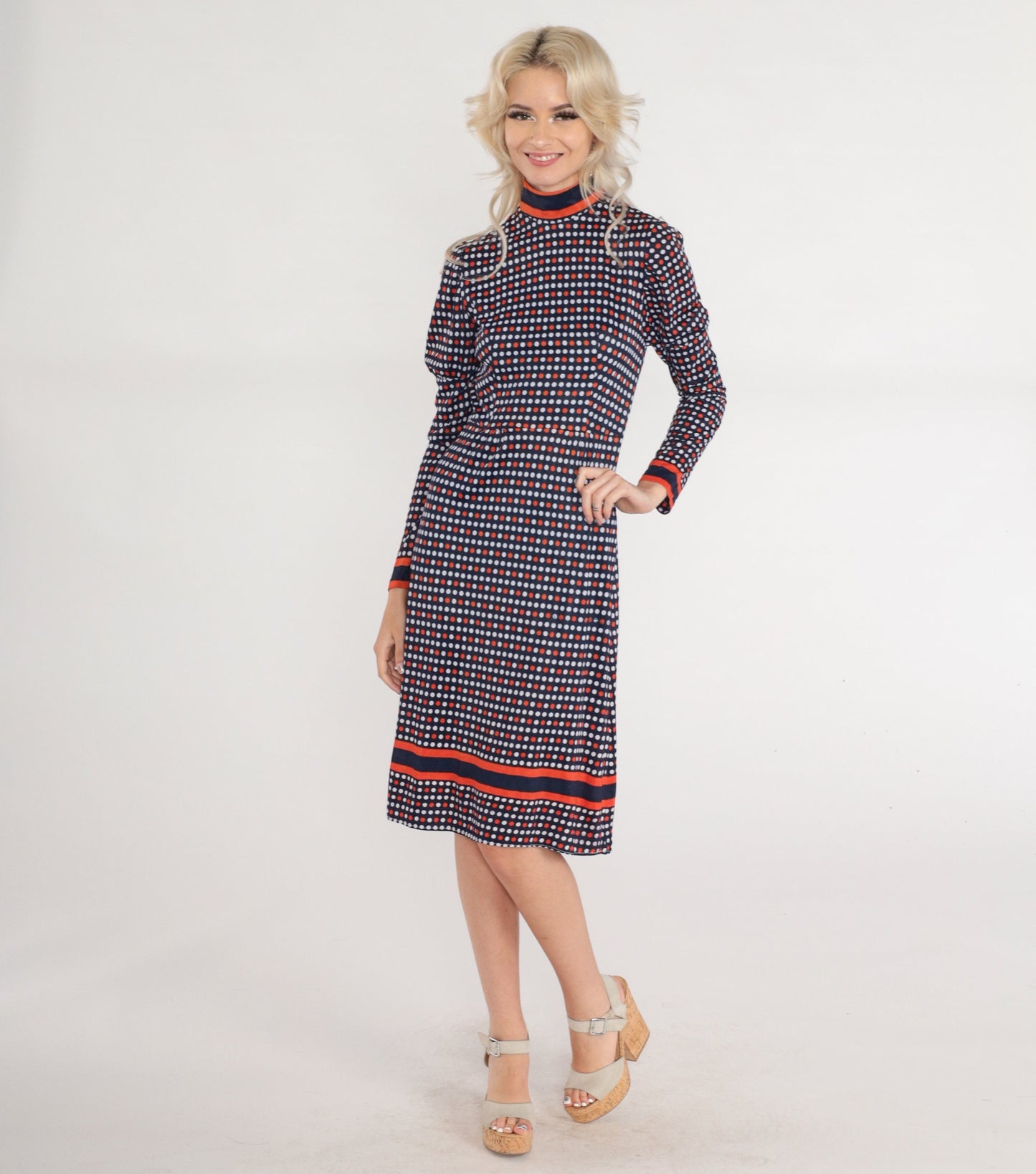 1960s Mod Polka Dot Dress Navy Blue Red White Puff Sleeve Mock Neck Small S