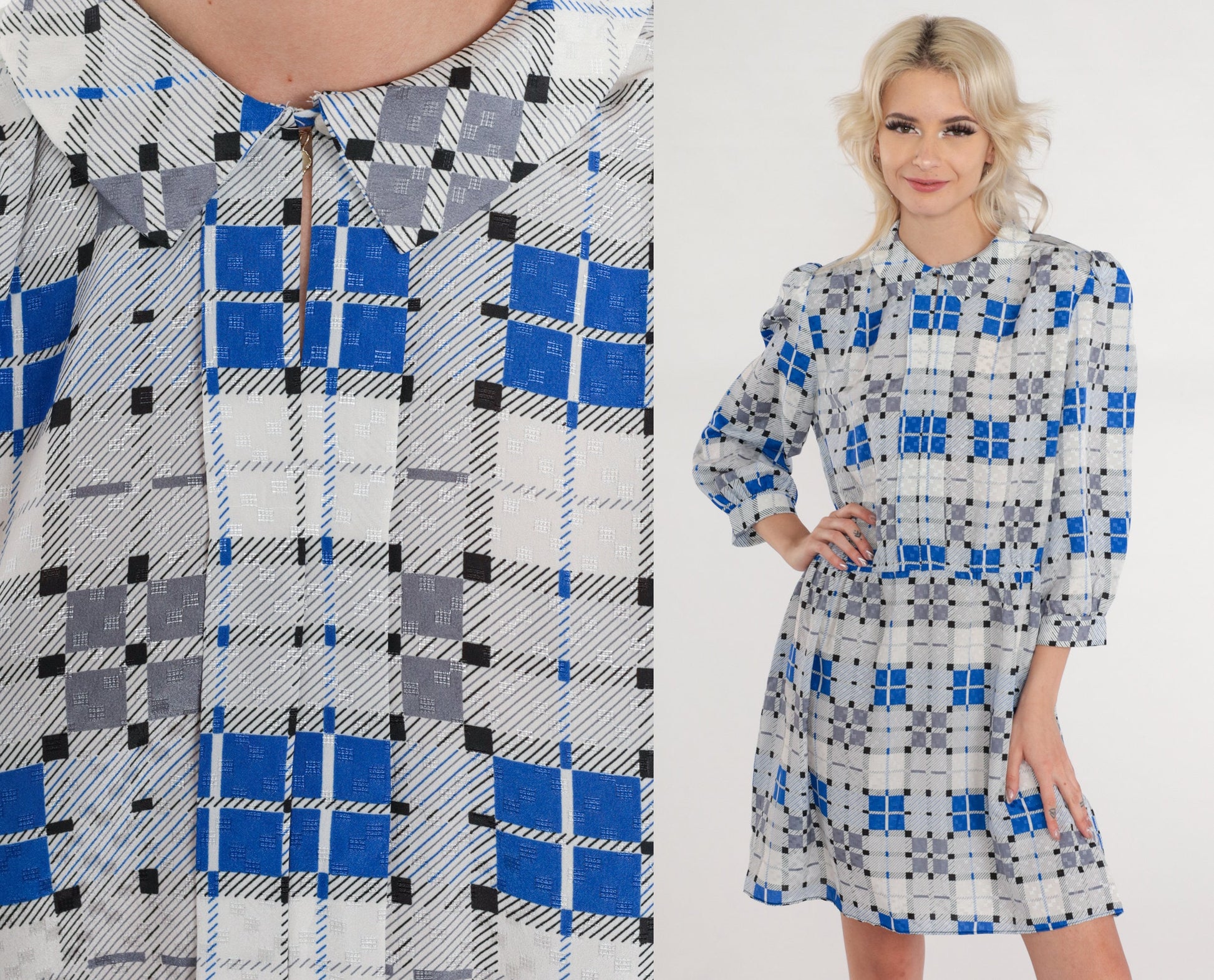 70s Jonathan Martin Plaid Mini Dress Grey Blue Puff Sleeve Keyhole Medium