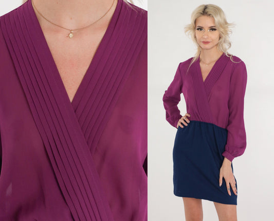 70s Secretary Dress Purple Navy Mini Faux Wrap V-Neck Long Sleeve Extra Small XS