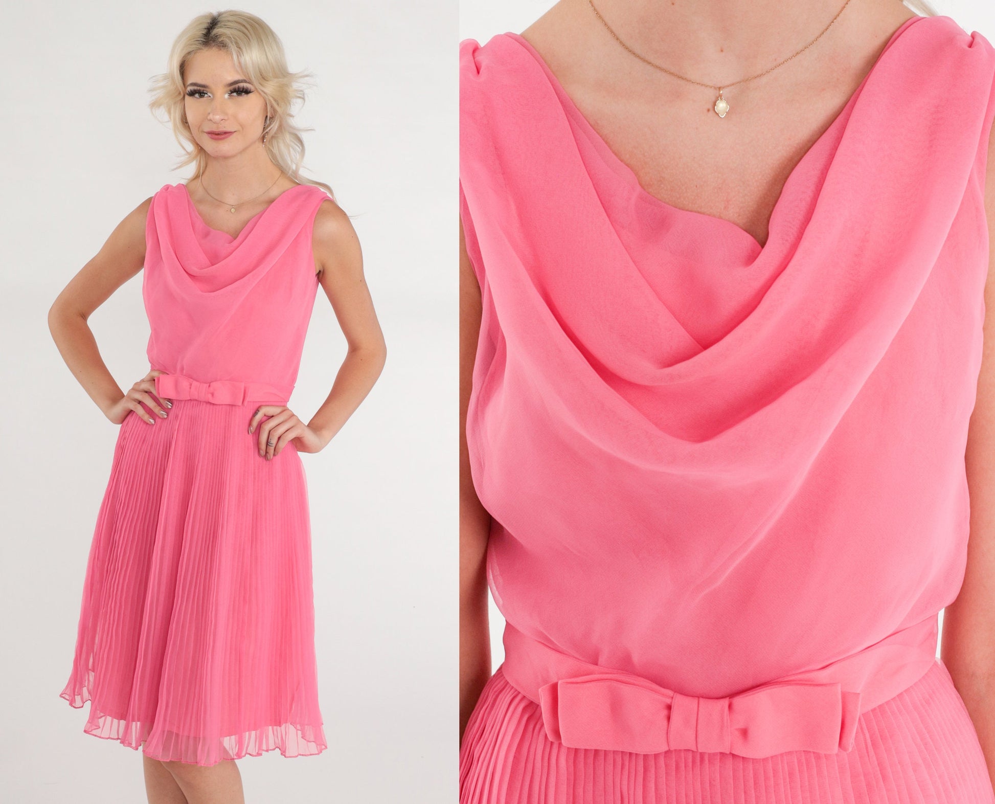 70s Eddie Nober Pink Chiffon Mini Dress Cowl Neck Bow Belt XS