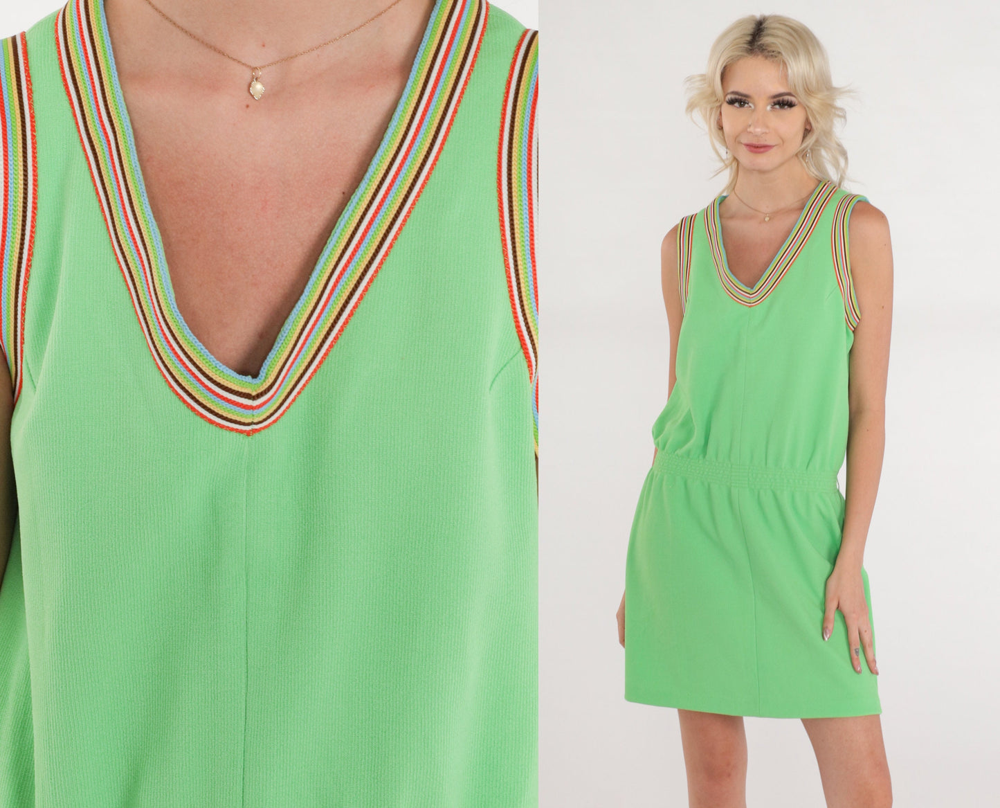 70s Lime Green Striped Ringer Mini Dress Sleeveless V-Neck Small