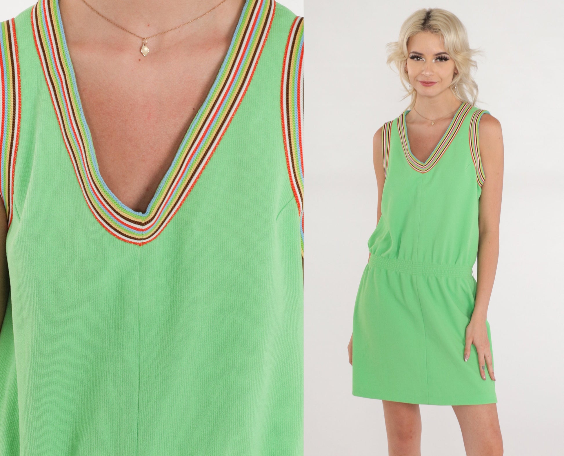 70s Lime Green Striped Ringer Mini Dress Sleeveless V-Neck Small
