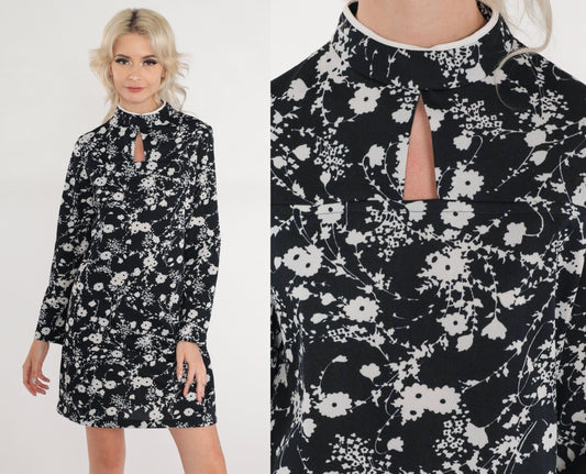 70s Black Floral Mini Dress Long Sleeve Mock Neck Keyhole Medium