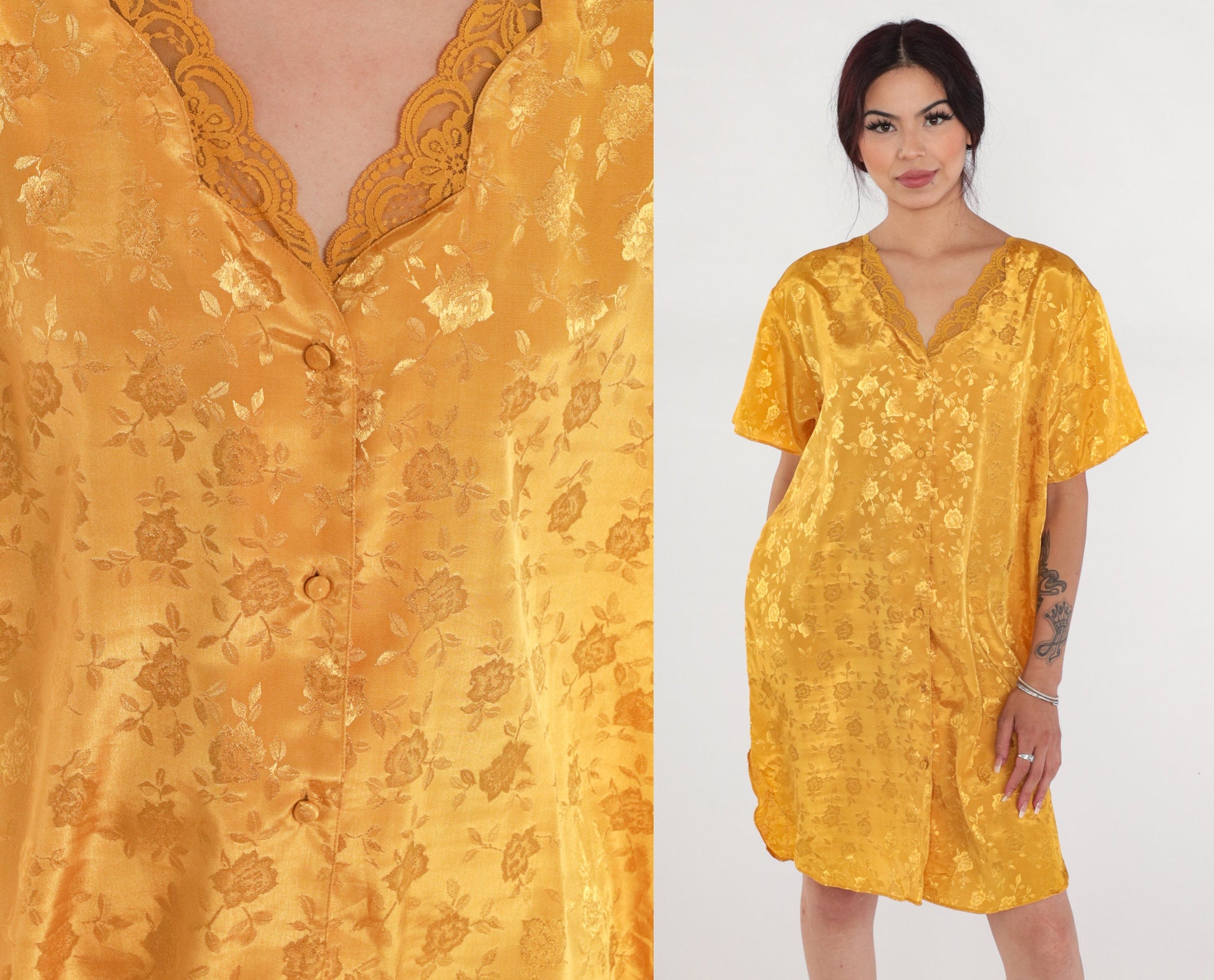90s Yellow Satin Nightgown Floral Embossed Mini Lace Trim Button-Up Large