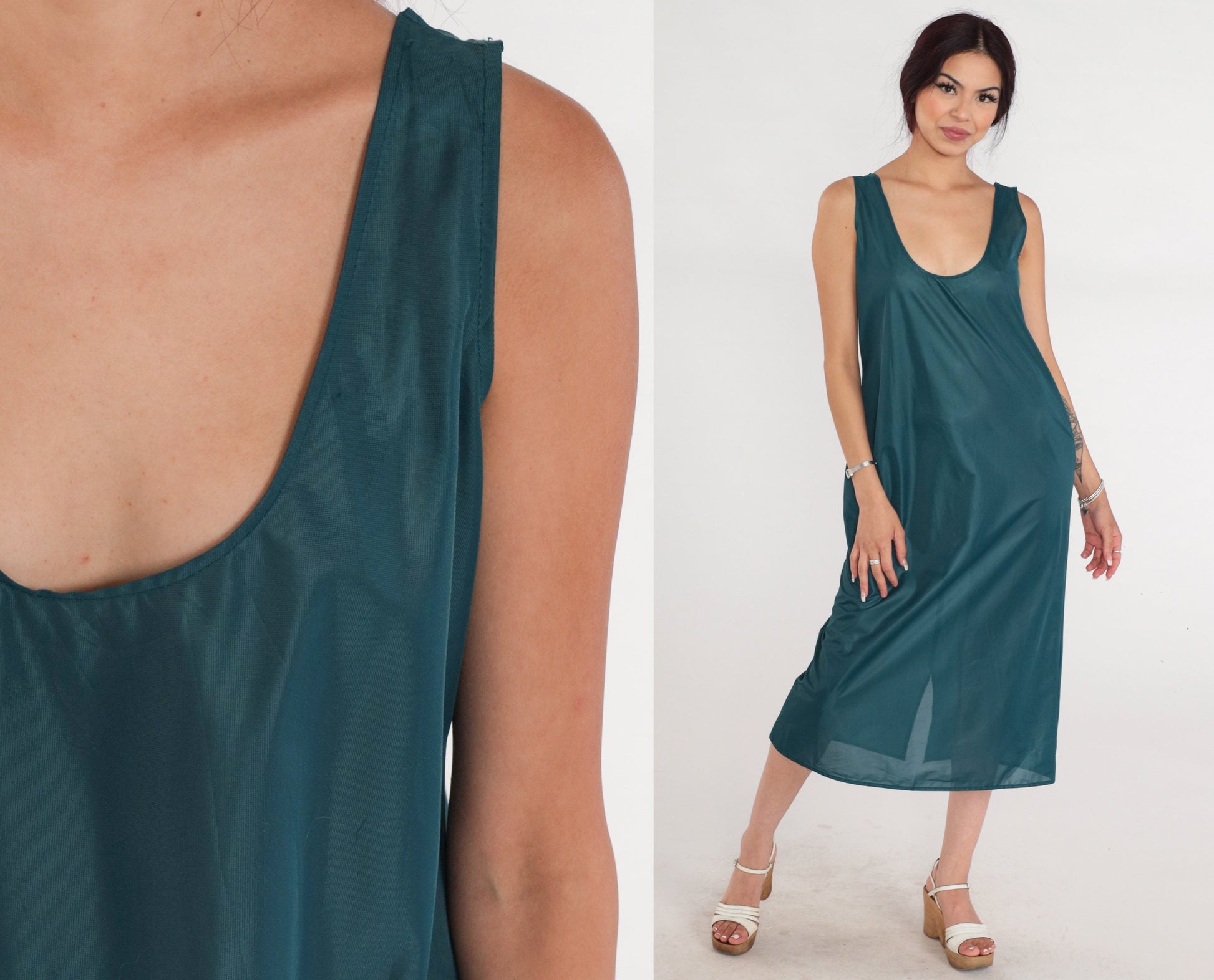 90s Green Semi Sheer Slip Dress Midi Tank Sleeveless Shift Medium