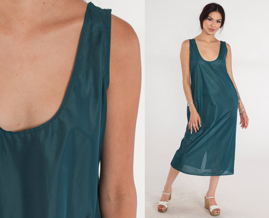 90s Green Semi Sheer Slip Dress Midi Tank Sleeveless Shift Medium