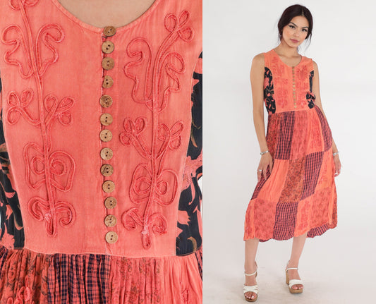 90s Indian Embroidered Patchwork Midi Dress Floral Plaid Rayon Sleeveless Medium