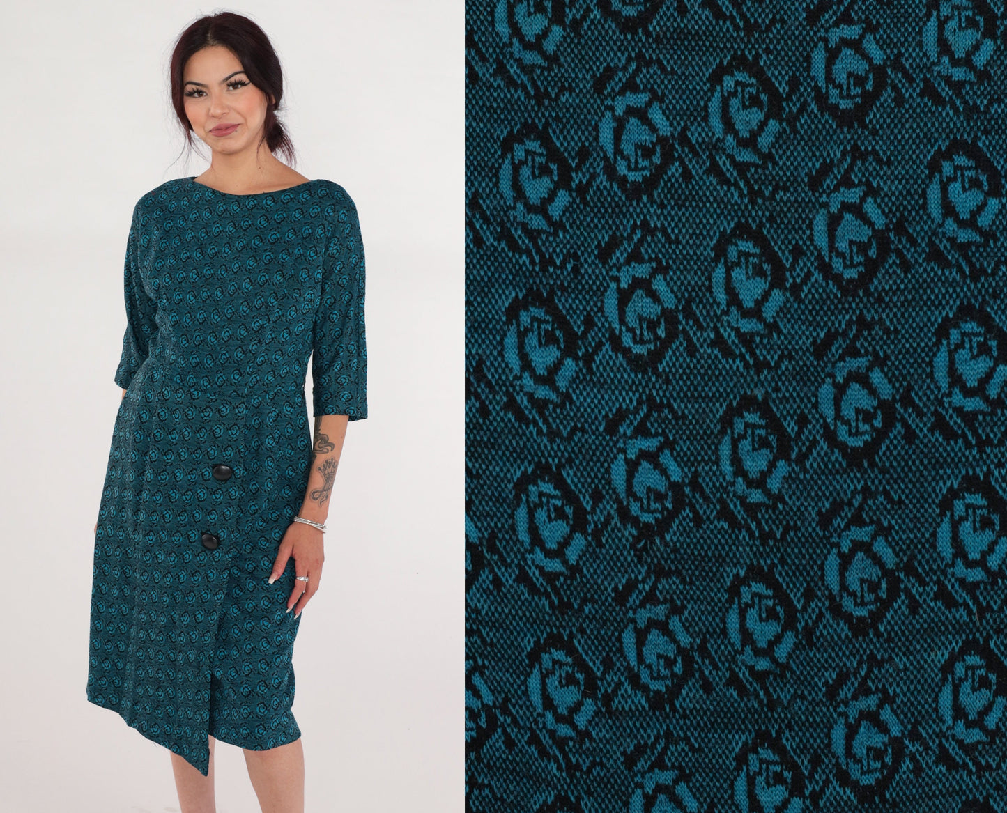 60s Blue Floral Rose Print Wool Blend Midi Dress High Waisted Small