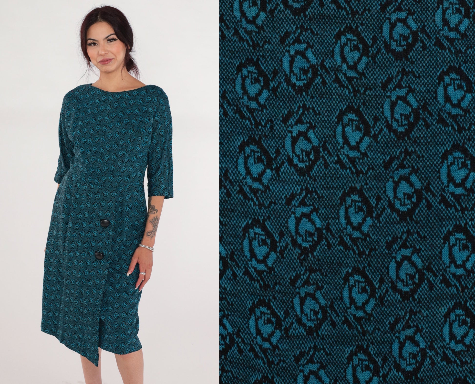 60s Blue Floral Rose Print Wool Blend Midi Dress High Waisted Small