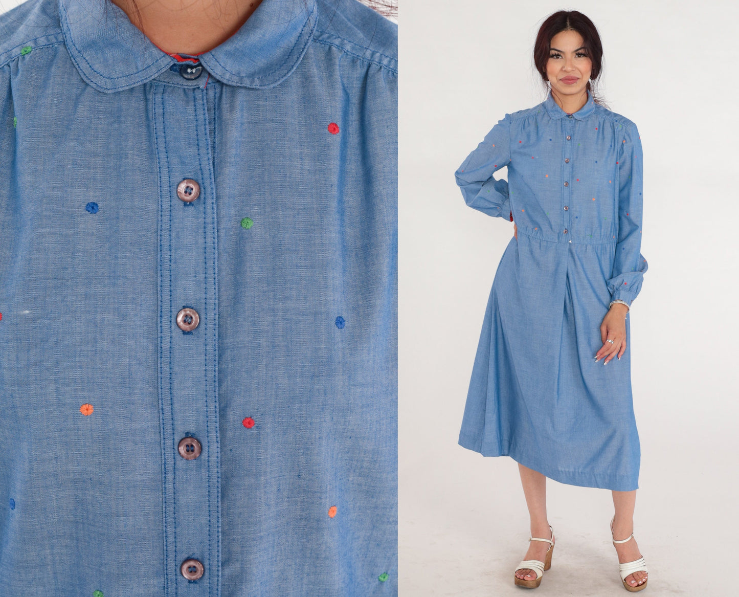 70s Blue Chambray Polka Dot Midi Dress Peter Pan Collar High Waisted Medium Large