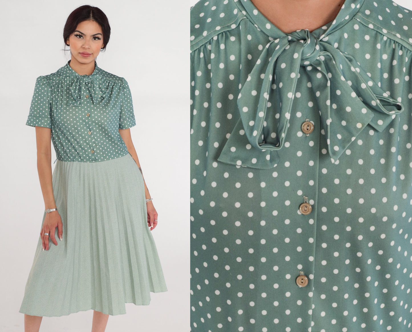 70s Green Polka Dot Midi Dress Puff Sleeve Neck Tie High Waisted Medium