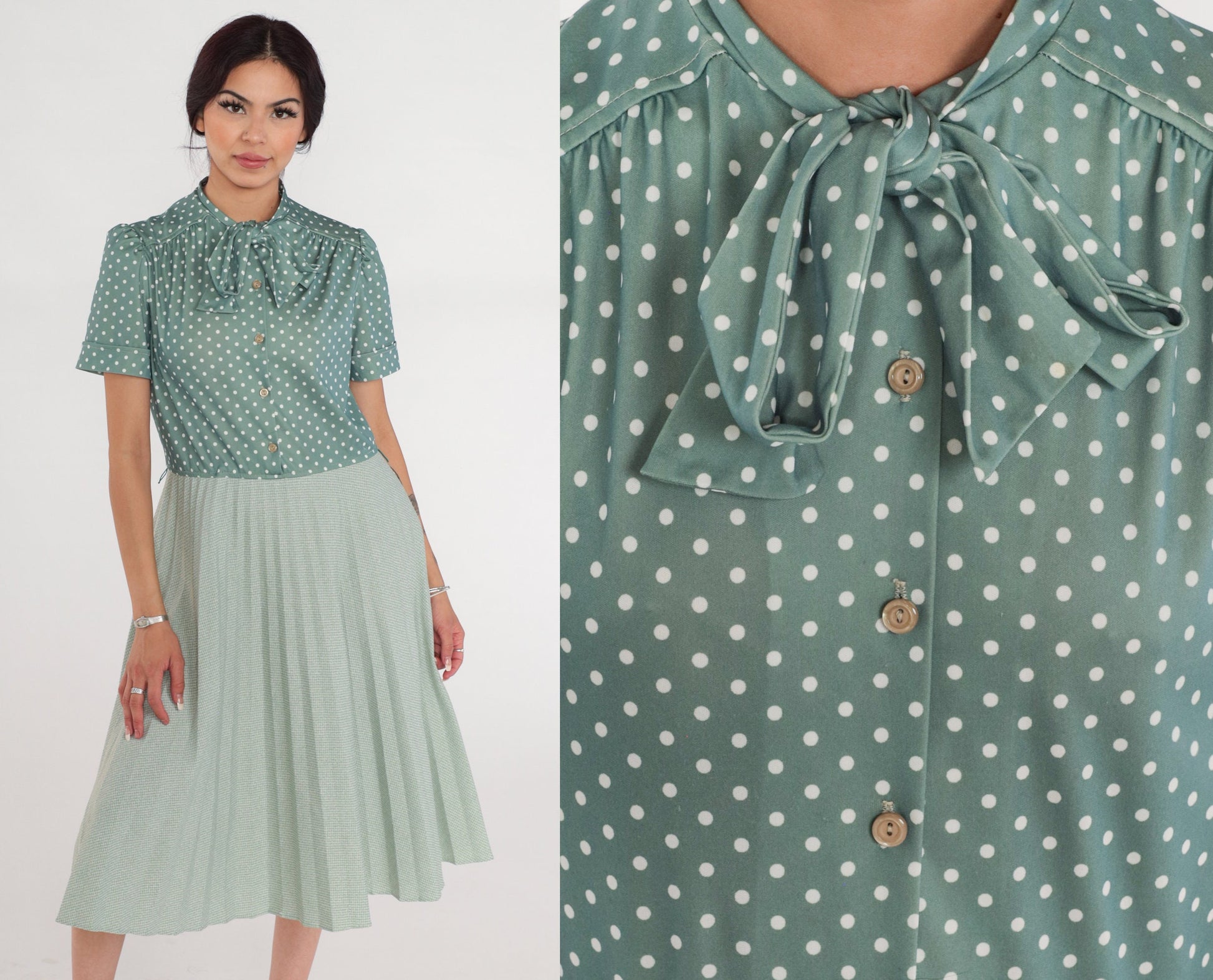 70s Green Polka Dot Midi Dress Puff Sleeve Neck Tie High Waisted Medium