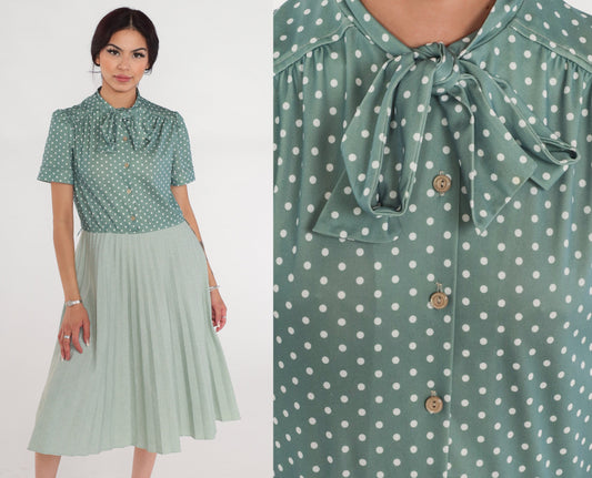 70s Green Polka Dot Midi Dress Puff Sleeve Neck Tie High Waisted Medium