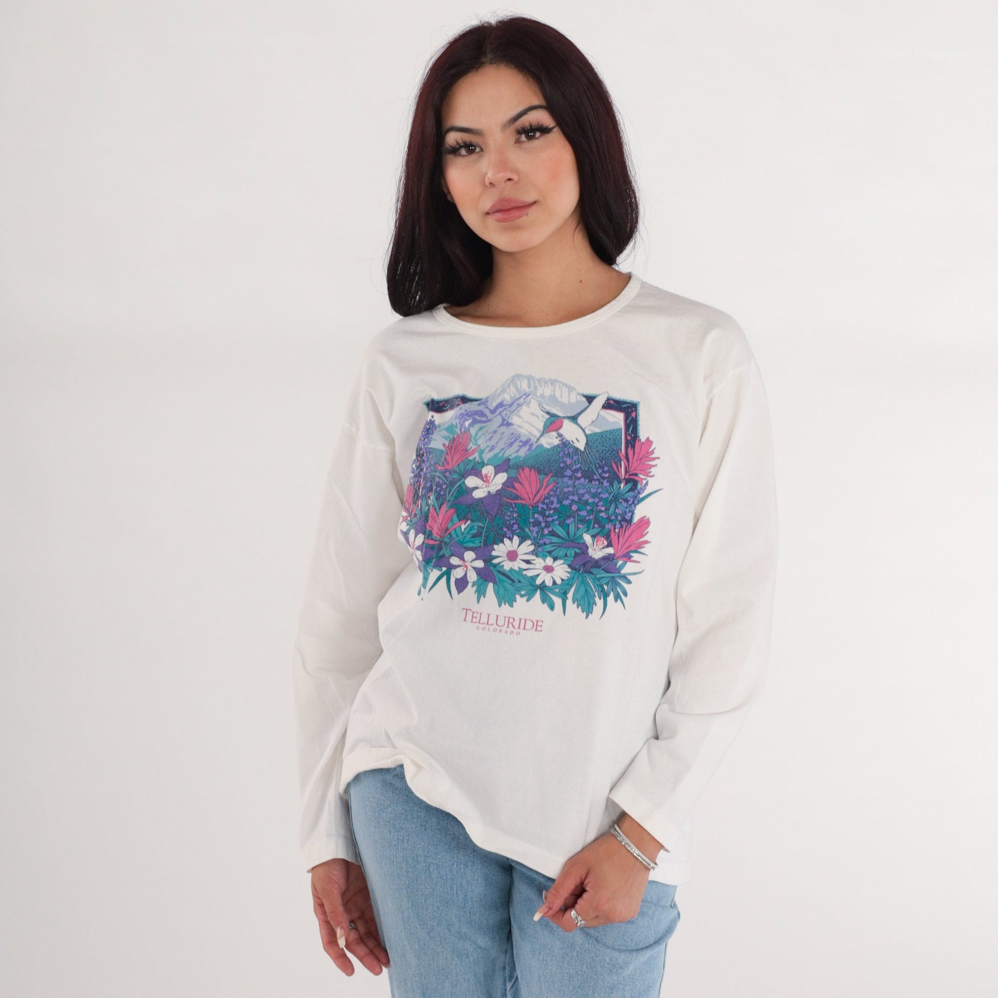 90s Telluride Hummingbird Columbine Graphic Long Sleeve Tee White Large L