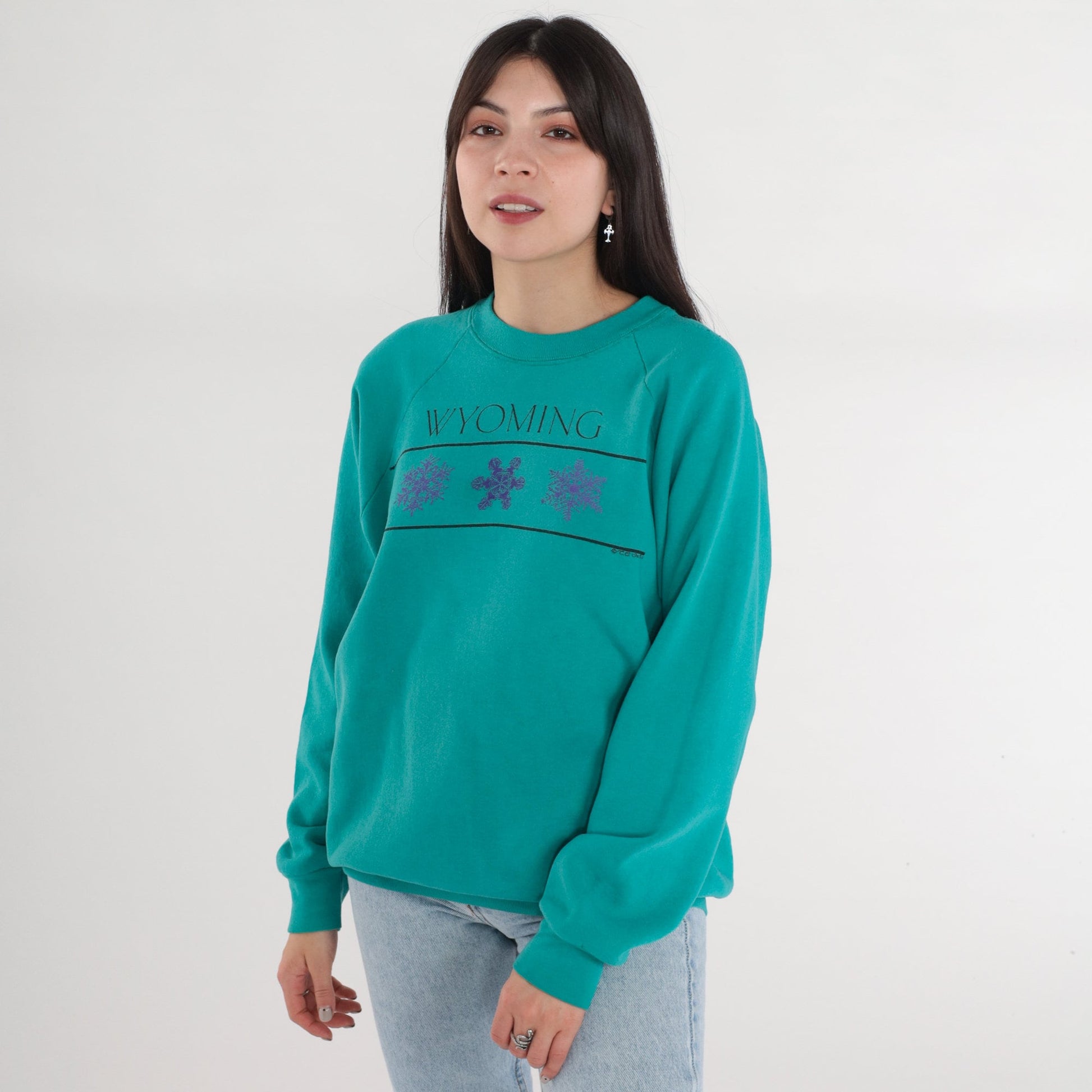 90s Wyoming Snowflake Graphic Sweatshirt Teal Raglan Crewneck Extra Large XXL