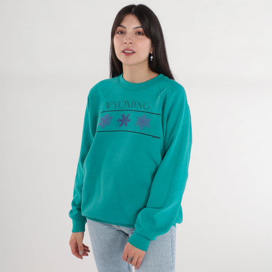 90s Wyoming Snowflake Graphic Sweatshirt Teal Raglan Crewneck Extra Large XXL