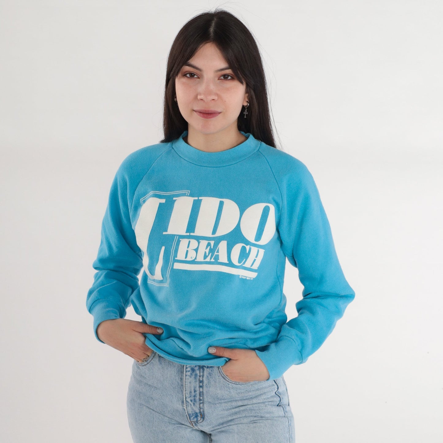 80s Lido Beach Sarasota Florida Raglan Sweatshirt Blue Graphic Small