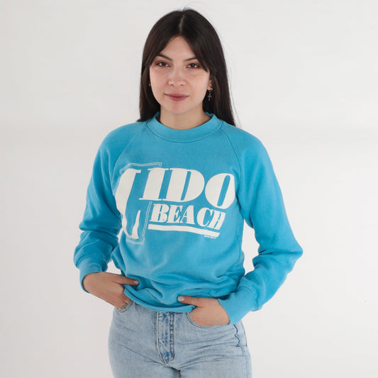 80s Lido Beach Sarasota Florida Raglan Sweatshirt Blue Graphic Small