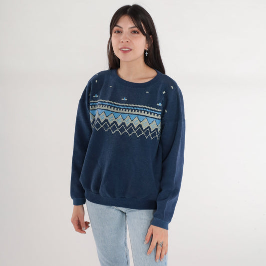 90s Navy Geometric Diamond Print Crewneck Sweatshirt Medium Large