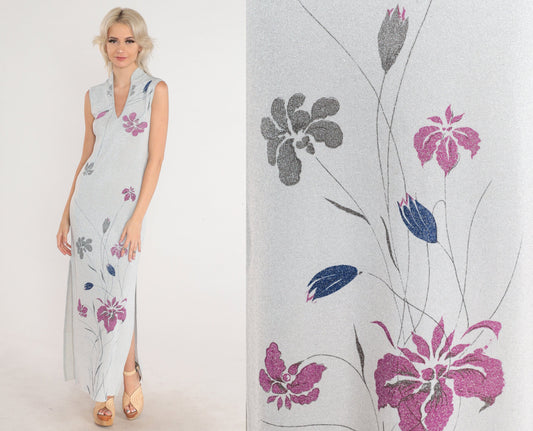 70s Metallic Silver Floral Maxi Gown V-Neck Sleeveless Side Slit Evening Dress XS