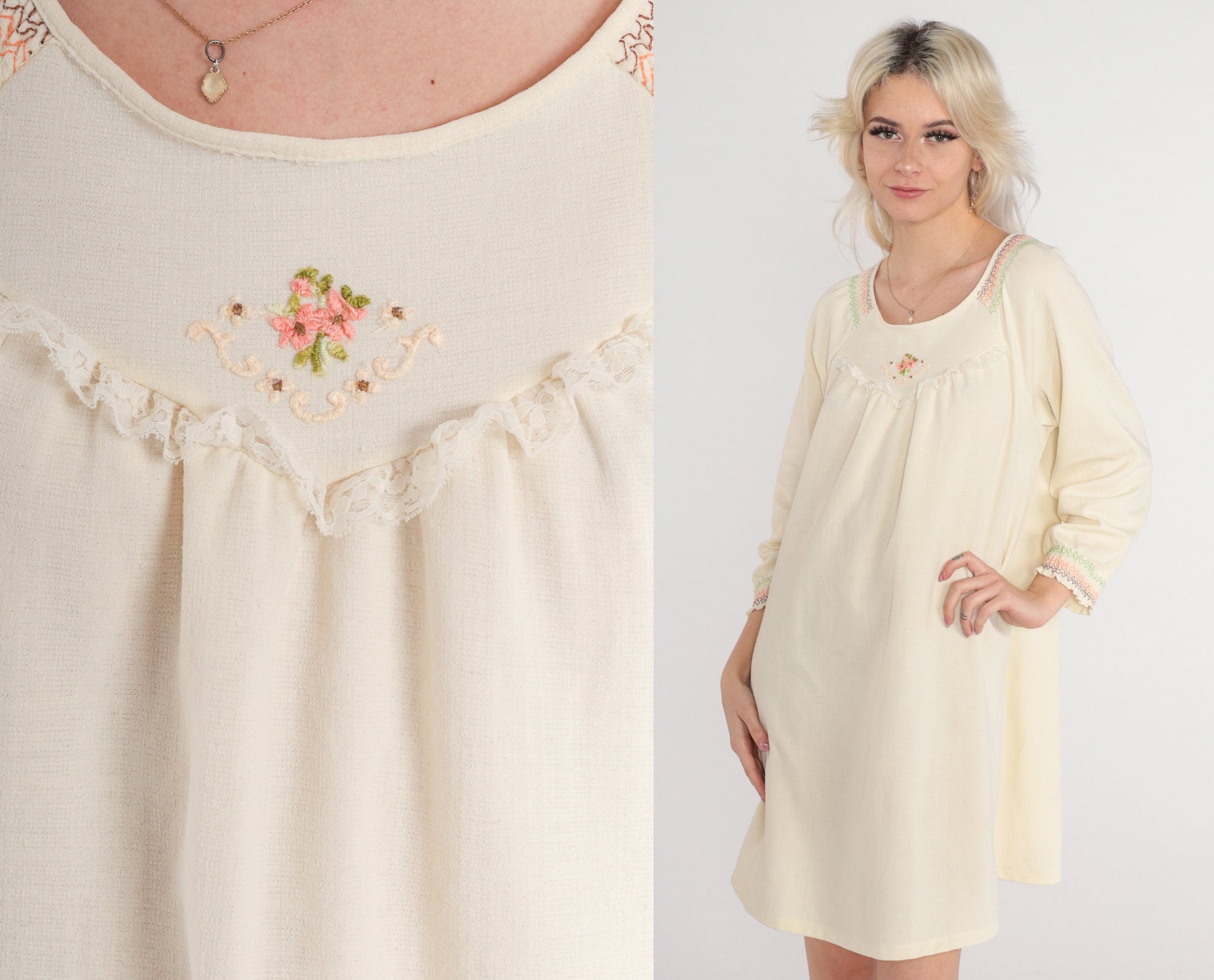 70s Cream Floral Embroidered Shift Dress Long Raglan Sleeves Mini Medium Large
