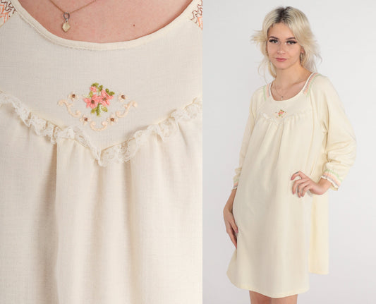 70s Cream Floral Embroidered Shift Dress Long Raglan Sleeves Mini Medium Large