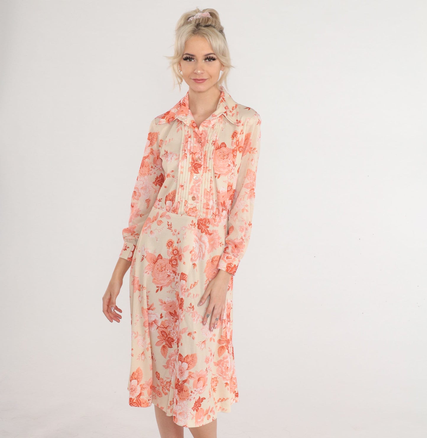 70s Floral Shirtwaist Midi Dress Cream Pink Rose Print Button Up Small